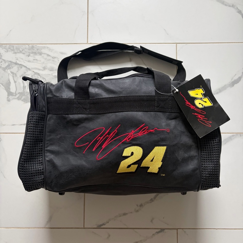 NWT Vintage 1990s 90s Jeff Gordon #24 NASCAR Leather Duffle Bag Black